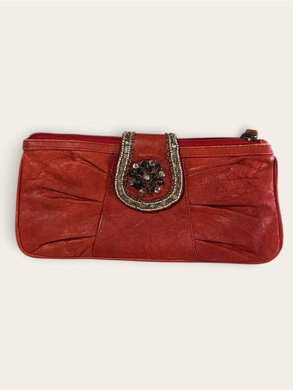 Fossil Vintage Glam Red Leather Ruched Embellished Clutch